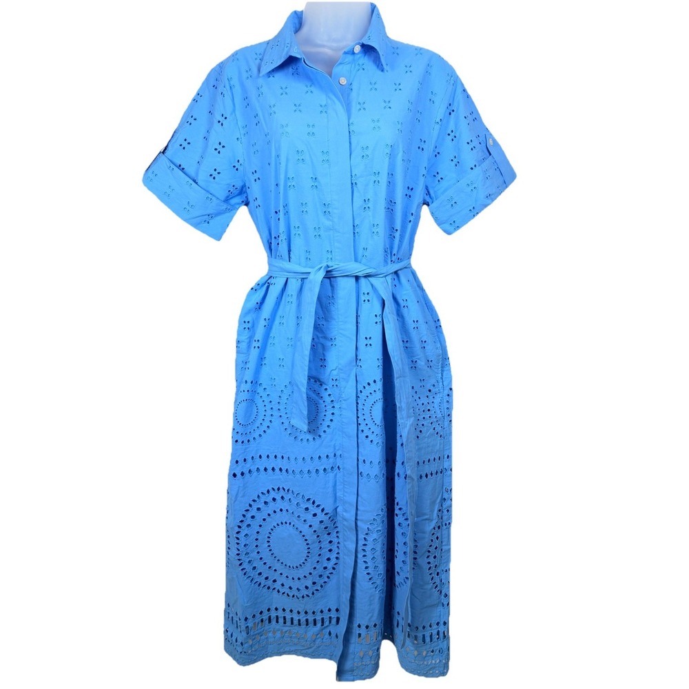 Ann Taylor Blue Eyelet Collared Shirtdress Belted Cotton Size 8‎ Prairie Classic